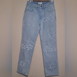 Floral Embroidered Mid Rise Straight Leg Jeans Like New Harper Heritage